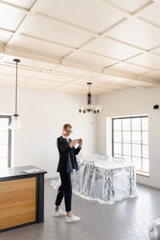 A real estate agent photographs the interior of a modern unfurnished home.