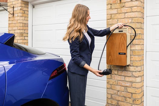 A woman uses a home charging station to charge her electric car, highlighting eco-friendly lifestyle choices.