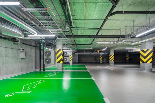 Modern green electric car charging station in an underground parking lot, eco-friendly urban solution.